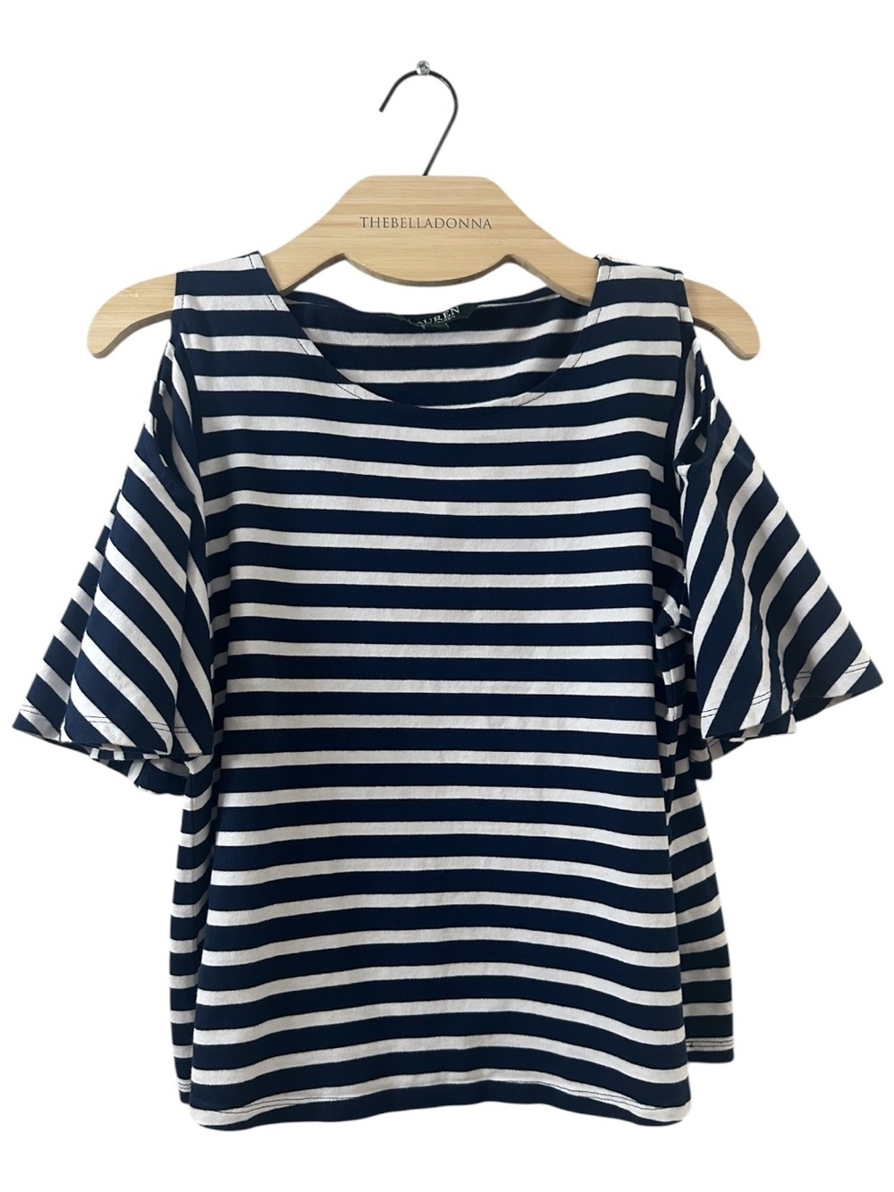 Ralph Lauren Navy White Nautical Striped Cold-Shoulder Short Sleeve Top M